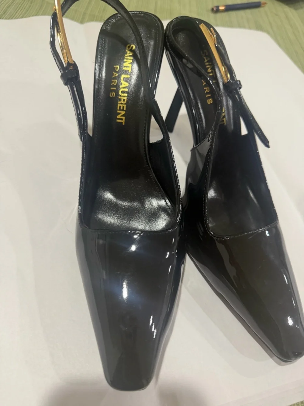 Saint Laurent Black Patent Slingback Pumps with Gold Buckle - Picture 5 of 12